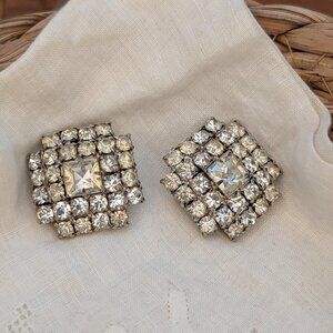 Vintage 1940's - 1950's Square Silver Rhinestone Clip-on Earrings